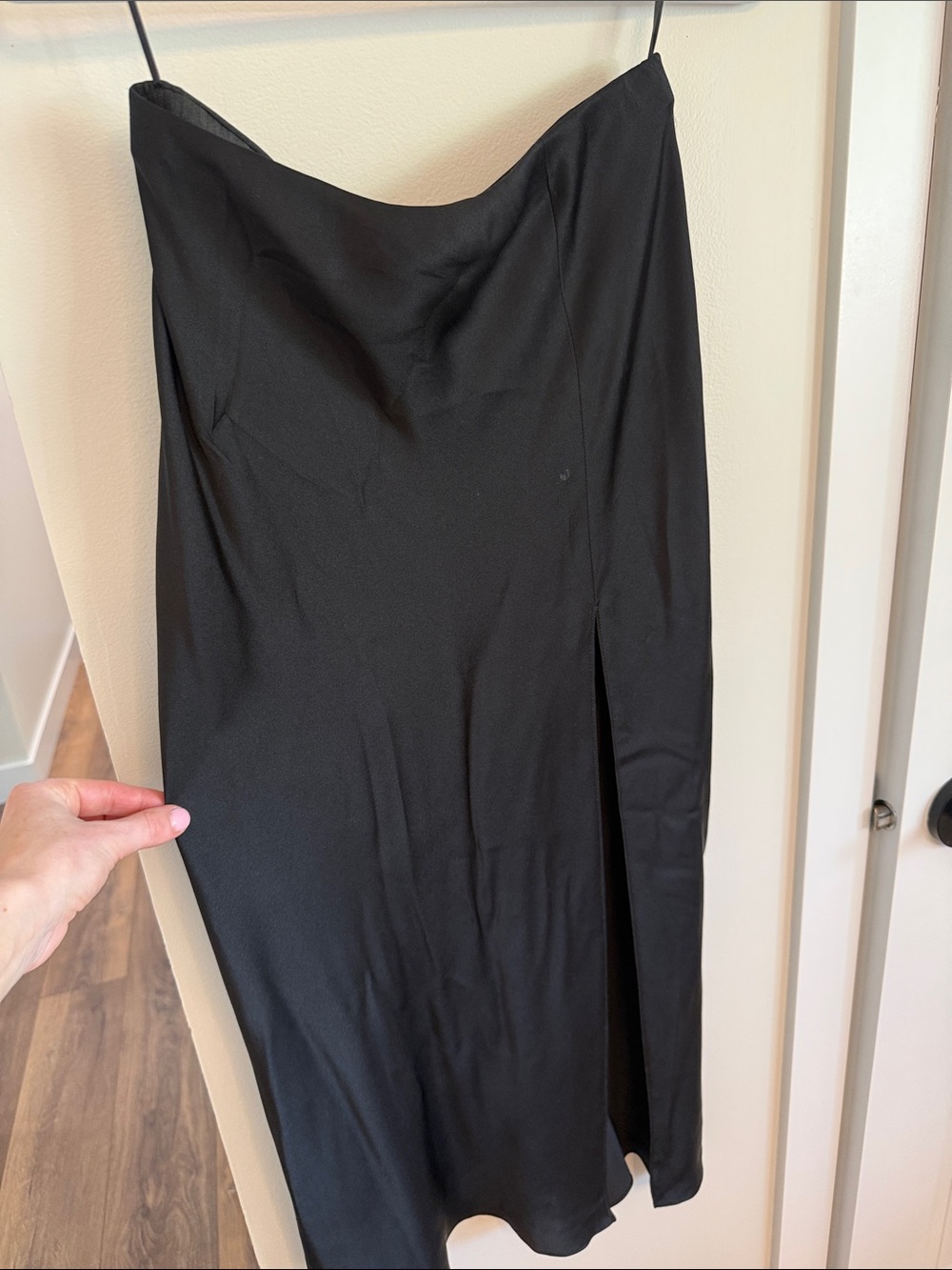 Amanda Uprichard Black Satin Slip Midi Skirt with Side Slit